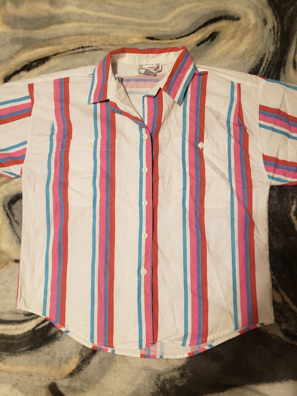 Gina Peters Vintage Short Sleeve Cotton ButtonUp Shirt White Red Blue Stripes M